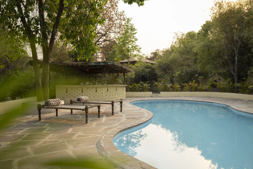 The swimming pool and outdoor lounge at Forsyth Lodge