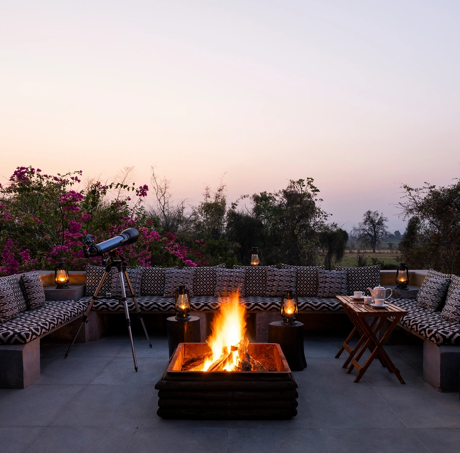 Outdoor campfire seating beside the river